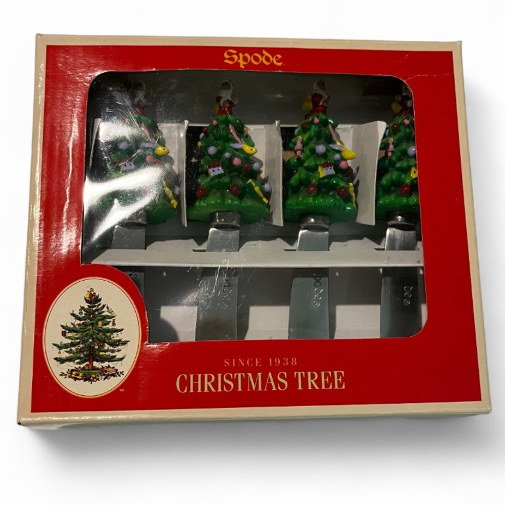 🎄Spode Christmas Tree Set of Four (4) Canapé Knives Spreaders Butter Cheese